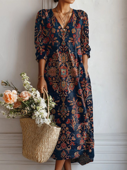 Kimberly | Women’s Floral Midi Dress With V Neck Long Sleeves