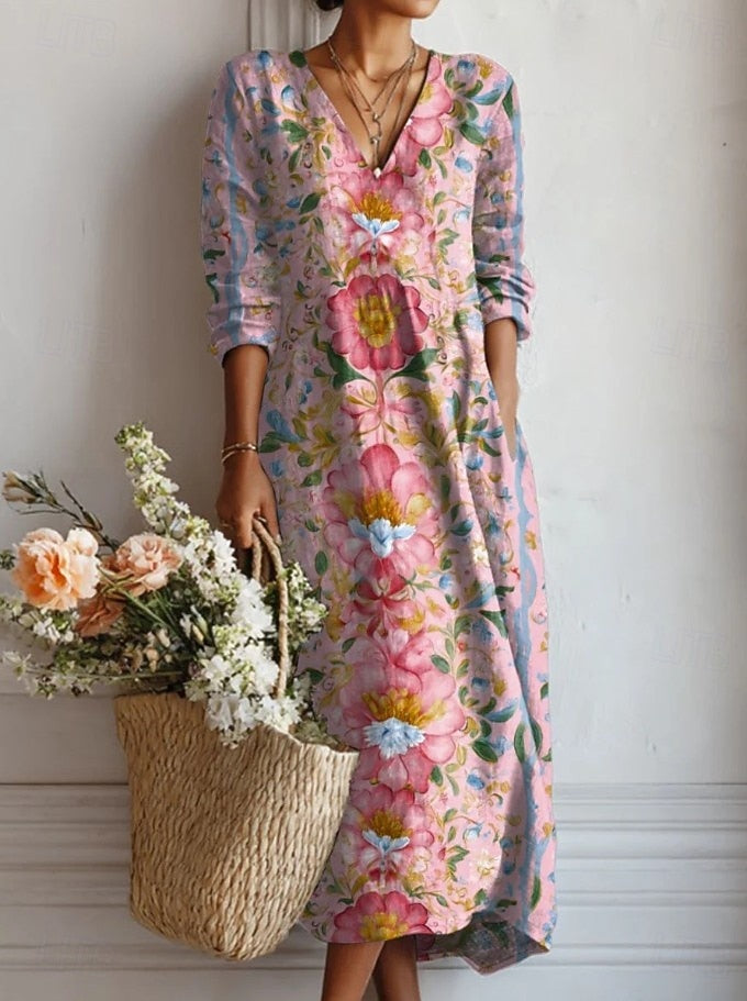 Kimberly | Women’s Floral Midi Dress With V Neck Long Sleeves