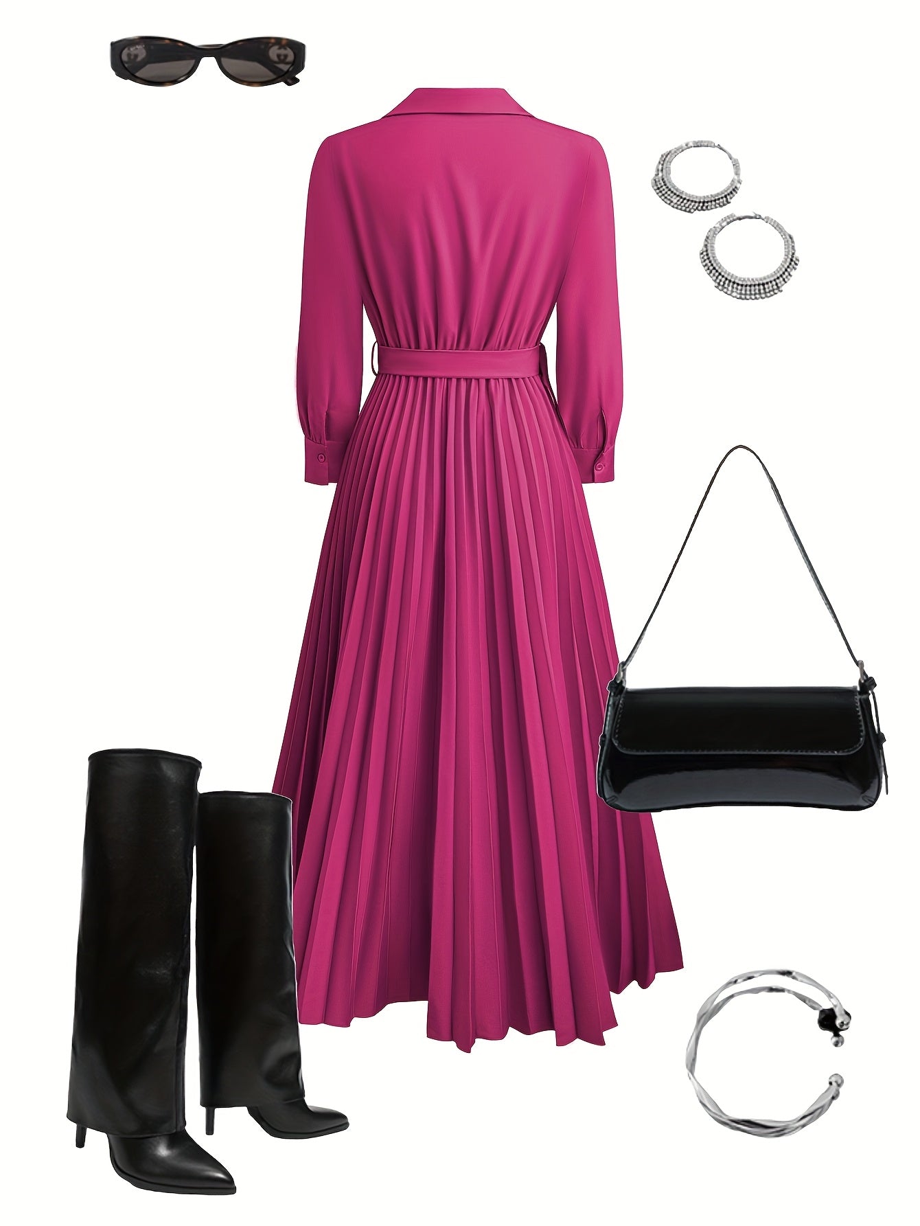 Aurora | Pleated Belted Midi Dress with Long Sleeves
