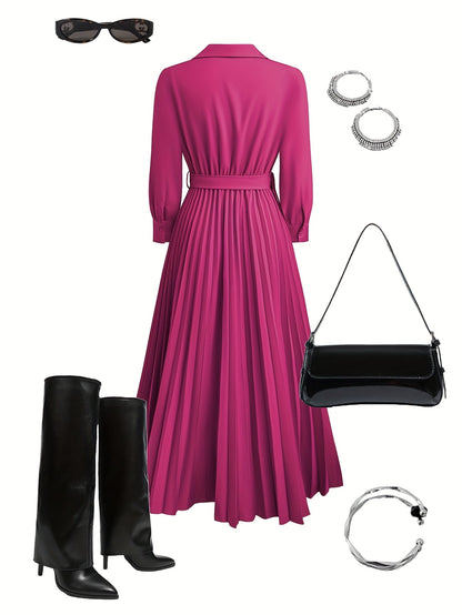 Aurora | Pleated Belted Midi Dress with Long Sleeves