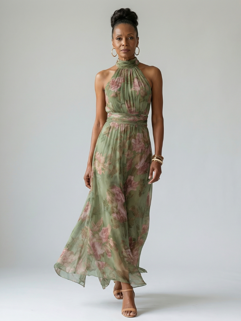 Cecilia | Women’s Floral Halter Midi Dress With Flowing Fit