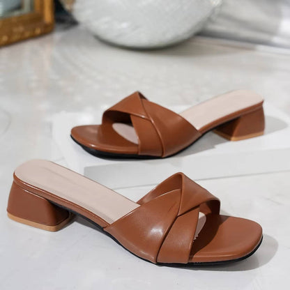 Adeline | Women’s Cross Strap Slide Sandals With Block Heel