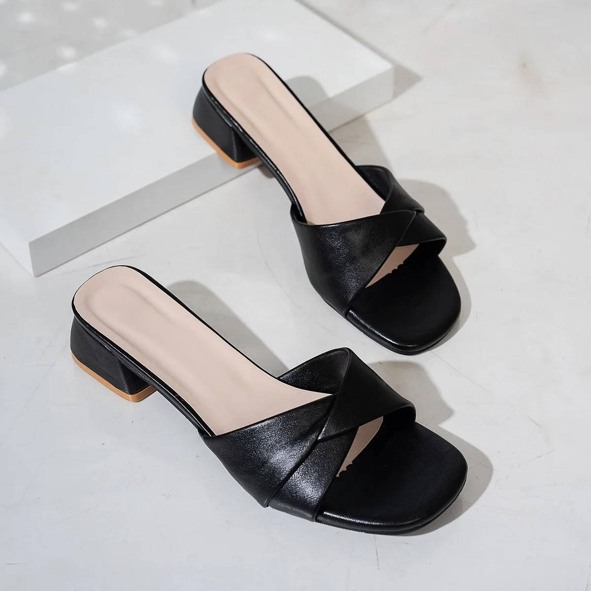 Adeline | Women’s Cross Strap Slide Sandals With Block Heel