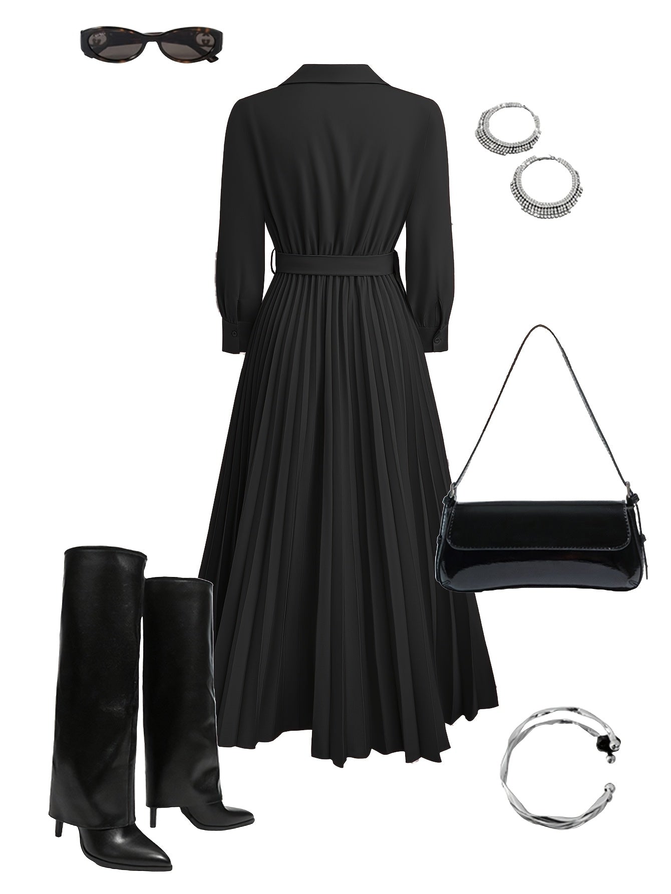 Aurora | Pleated Belted Midi Dress with Long Sleeves