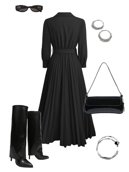 Aurora | Pleated Belted Midi Dress with Long Sleeves