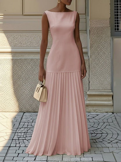Stella | Pleated evening maxi dress with boat neck gauze