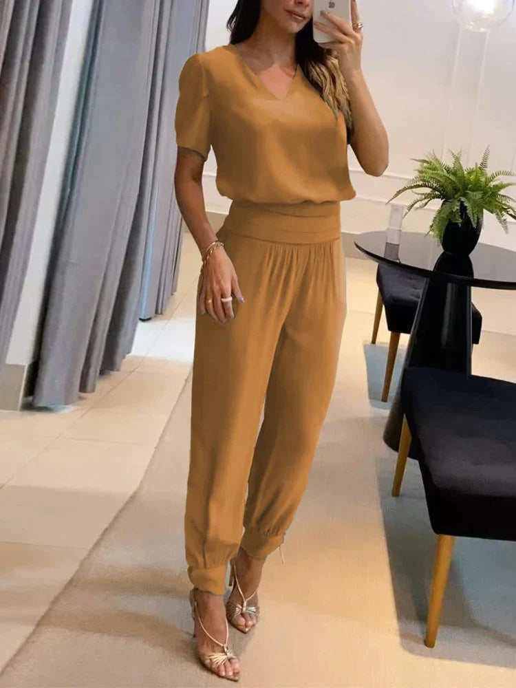 Orlina | Women Casual Two Piece Set with V Neck Top and Loose Pants