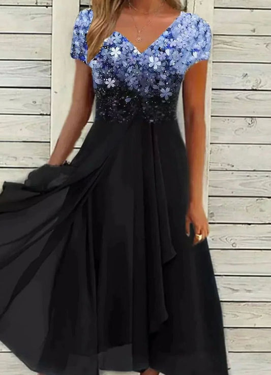 Barbara | Women's Floral Print Chiffon Dress with V Neck