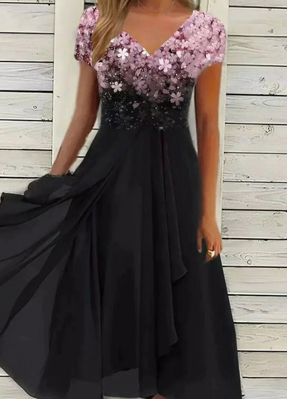 Barbara | Women's Floral Print Chiffon Dress with V Neck