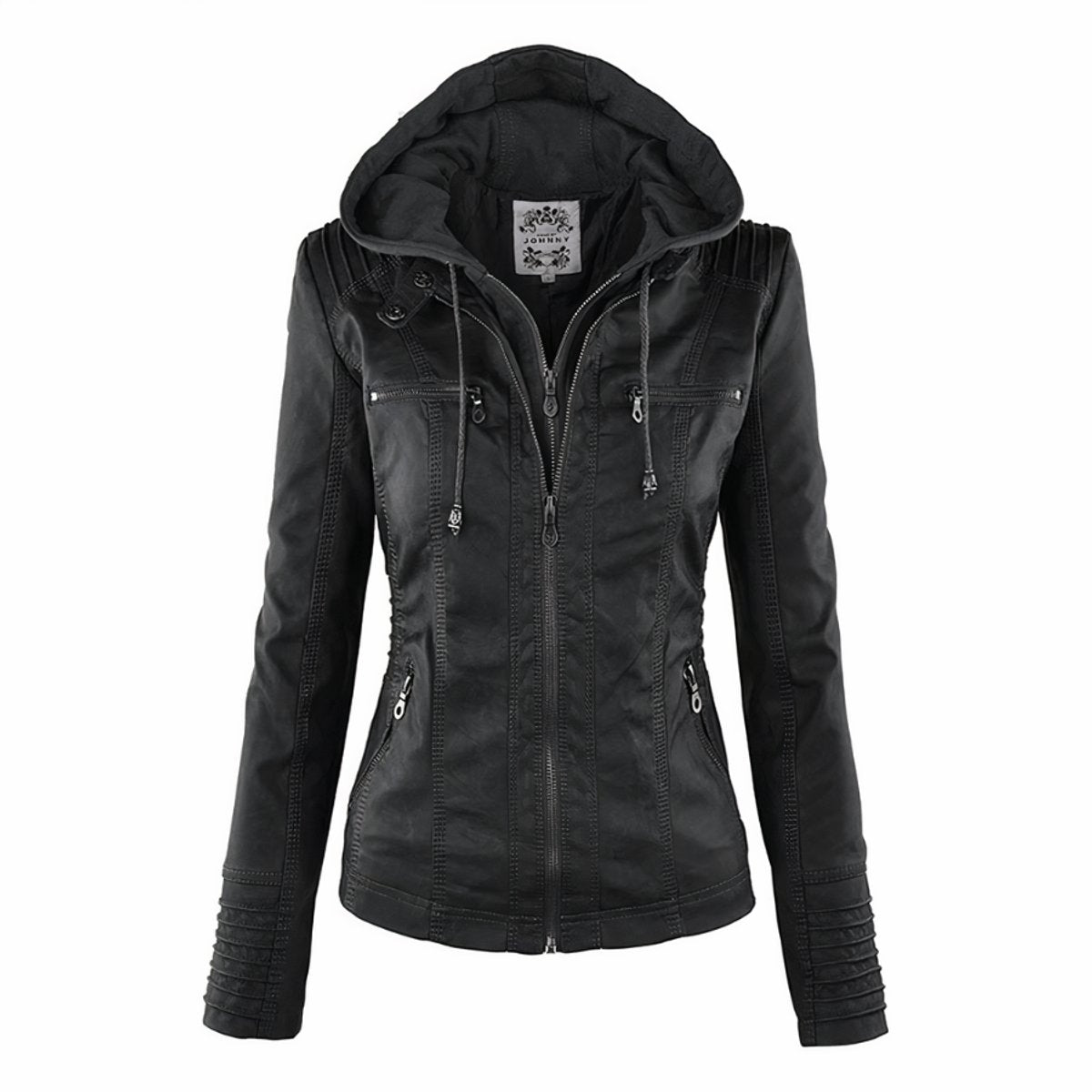 Ava | Women's Faux Leather Biker Jacket with Removable Hood