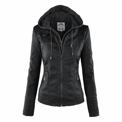 Ava | Women's Faux Leather Biker Jacket with Removable Hood
