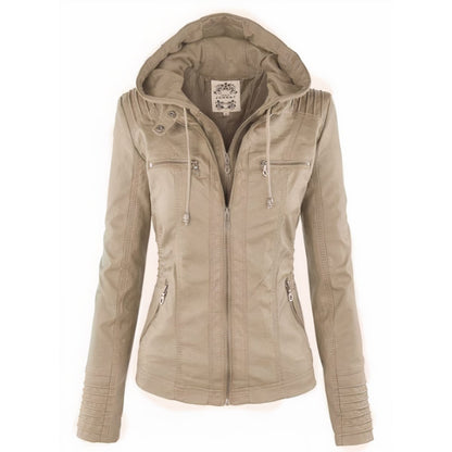 Ava | Women's Faux Leather Biker Jacket with Removable Hood
