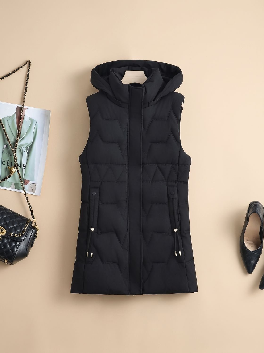 Etheldreda | Women's Long Puffer Vest with Hood and Fitted Waist