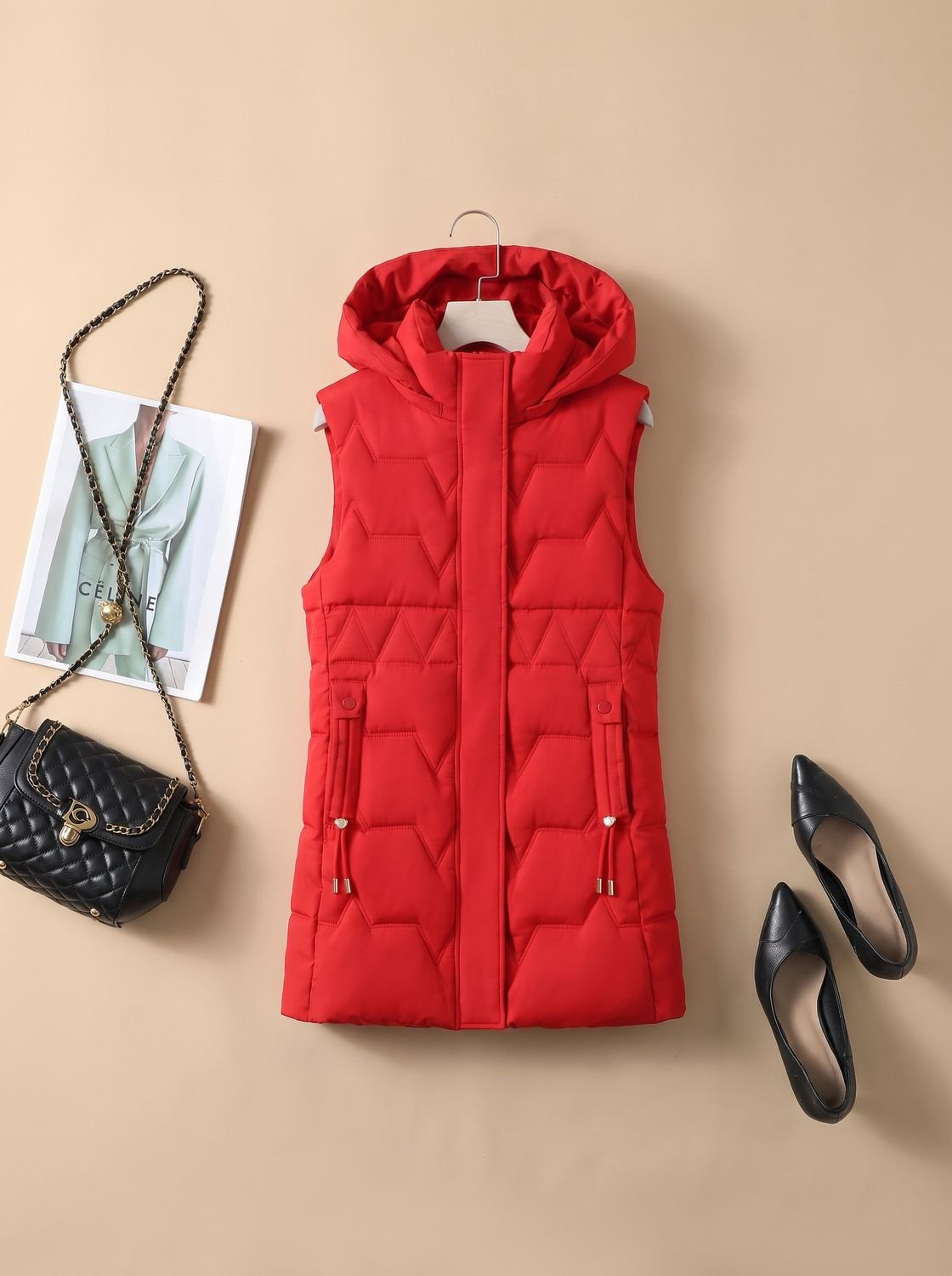 Etheldreda | Women's Long Puffer Vest with Hood and Fitted Waist