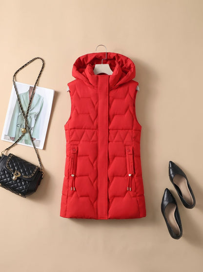 Etheldreda | Women's Long Puffer Vest with Hood and Fitted Waist