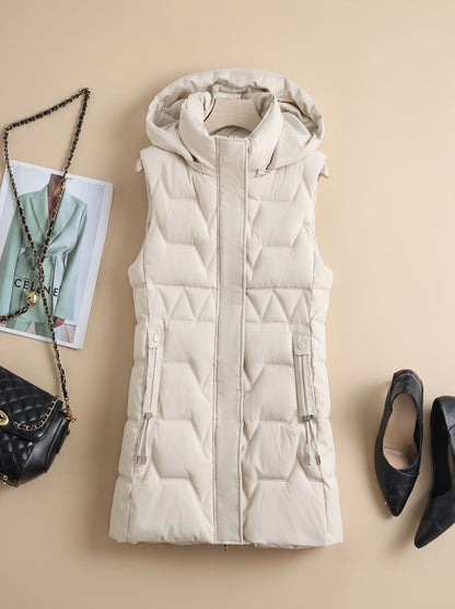 Etheldreda | Women's Long Puffer Vest with Hood and Fitted Waist