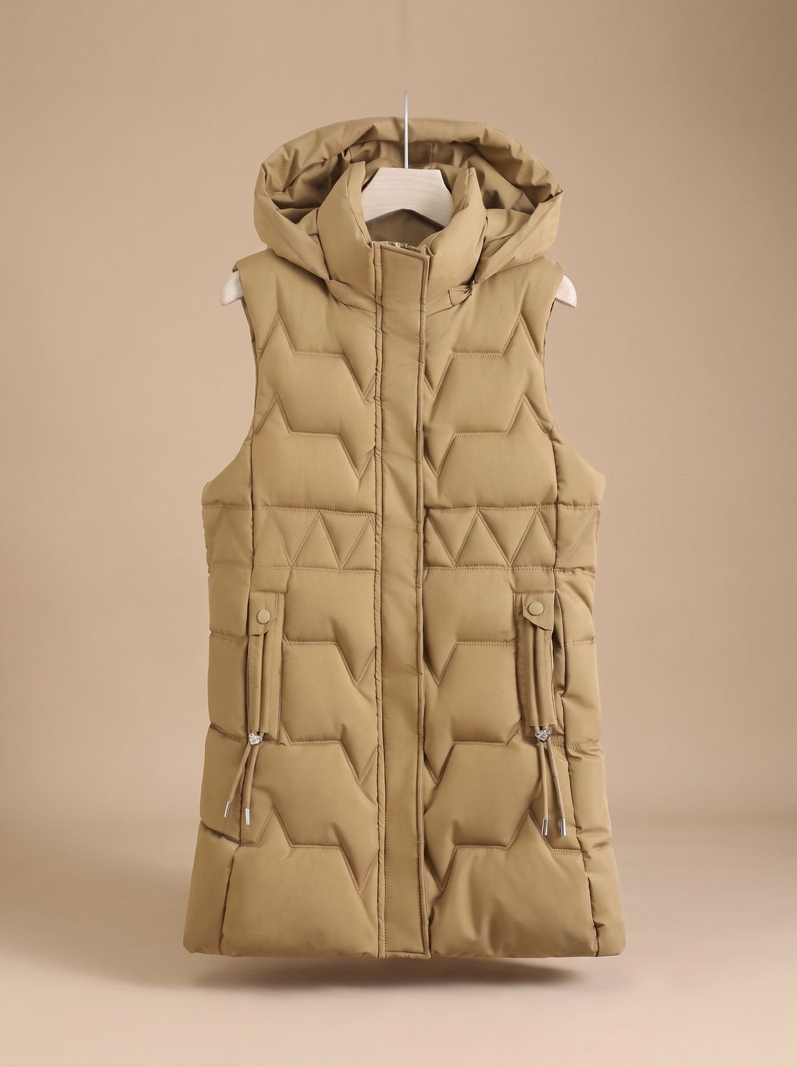 Etheldreda | Women's Long Puffer Vest with Hood and Fitted Waist