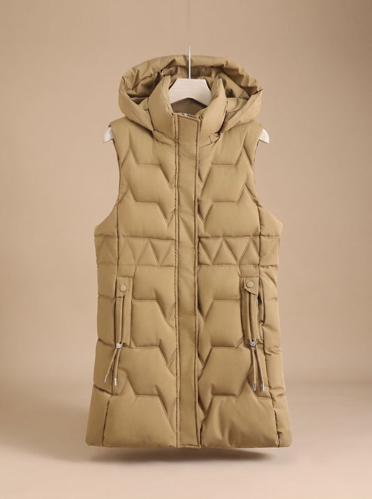 Etheldreda | Women's Long Puffer Vest with Hood and Fitted Waist