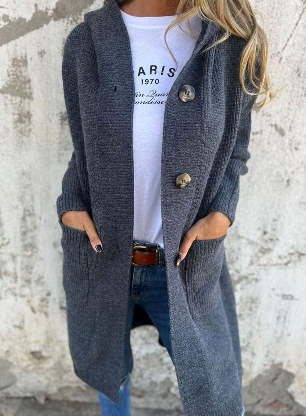 Emilia | Women's Long Hooded Knit Coat with Button Placket