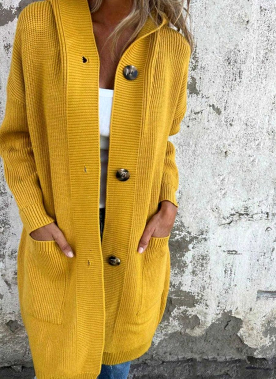 Emilia | Women's Long Hooded Knit Coat with Button Placket