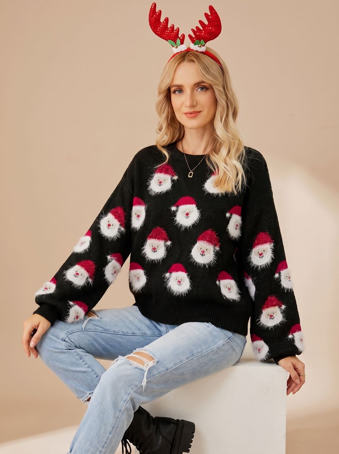 Melisande | Women's Long Sleeve Christmas Sweater with Oversized Santa Claus Print
