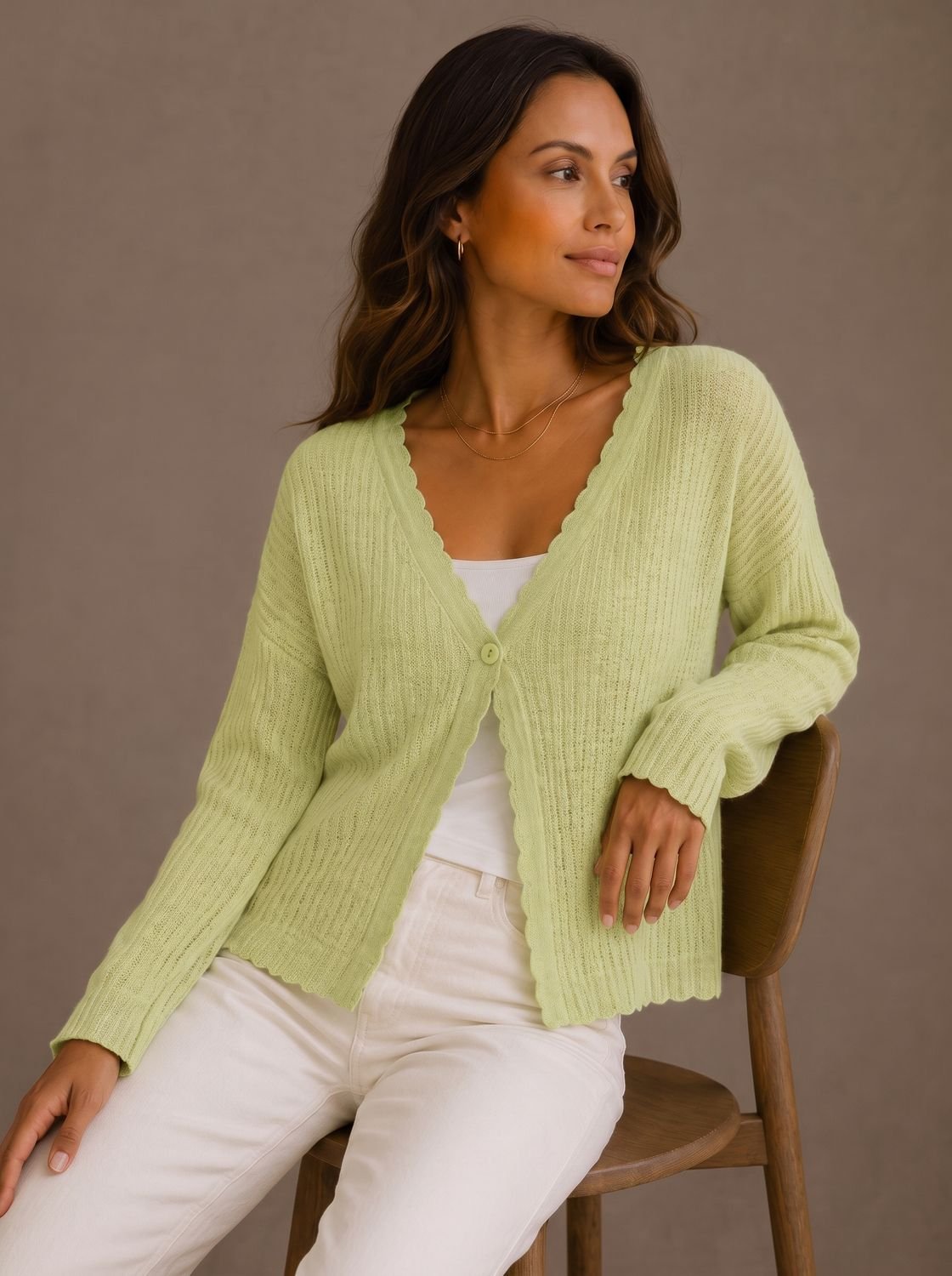 Theodosia | Women's Knit Cardigan with V-Neck and Scalloped Edge