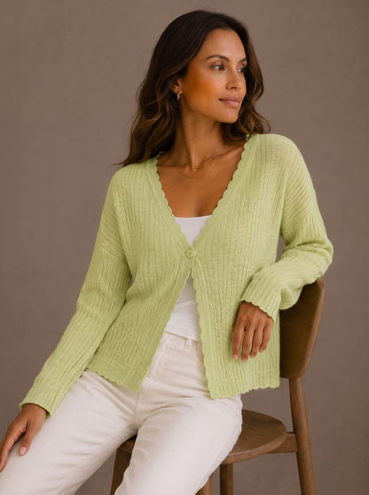 Theodosia | Women's Knit Cardigan with V-Neck and Scalloped Edge