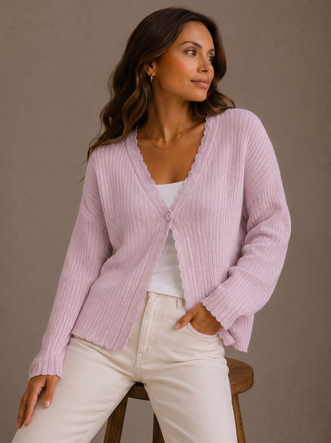 Theodosia | Women's Knit Cardigan with V-Neck and Scalloped Edge