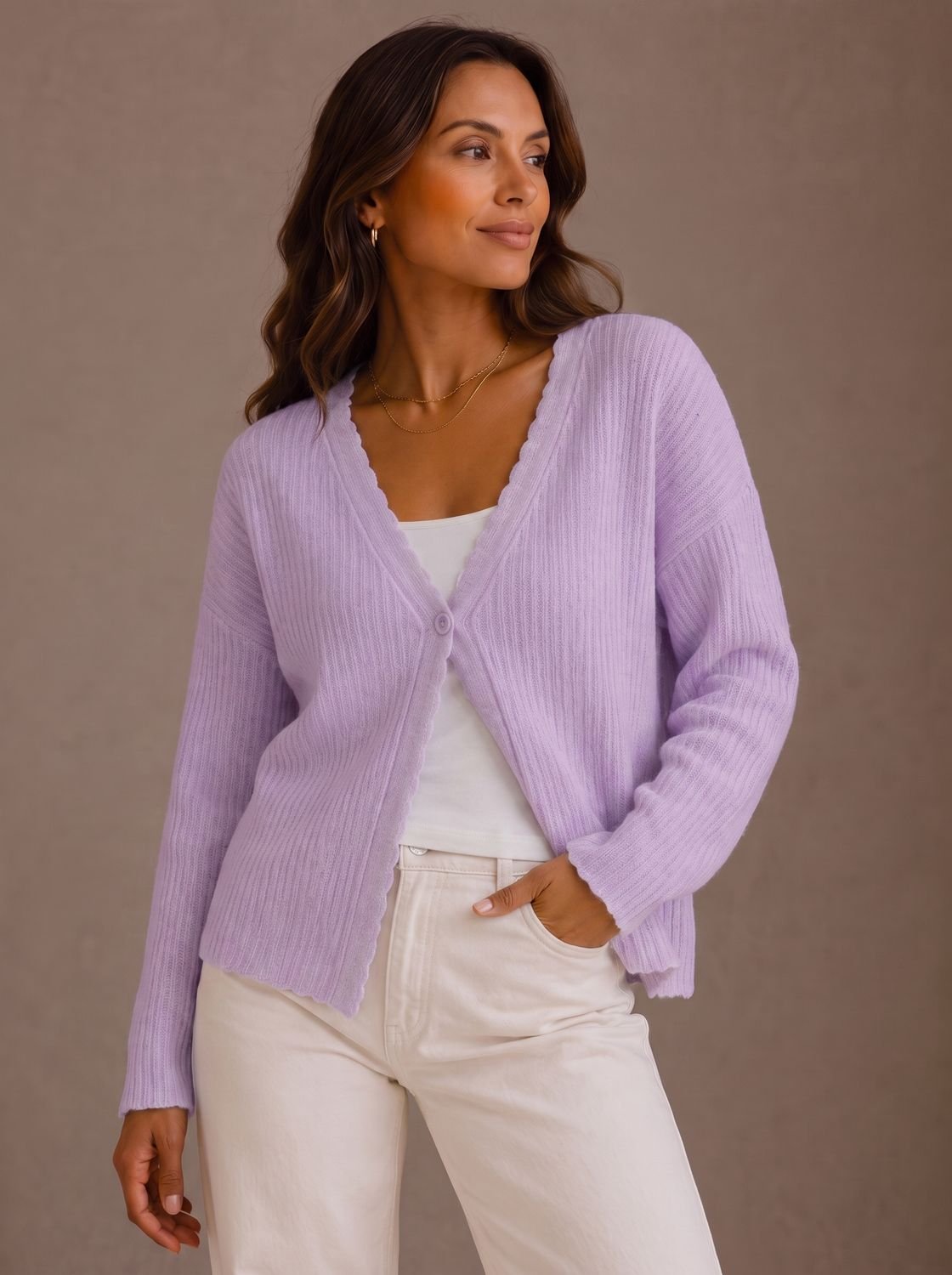 Theodosia | Women's Knit Cardigan with V-Neck and Scalloped Edge