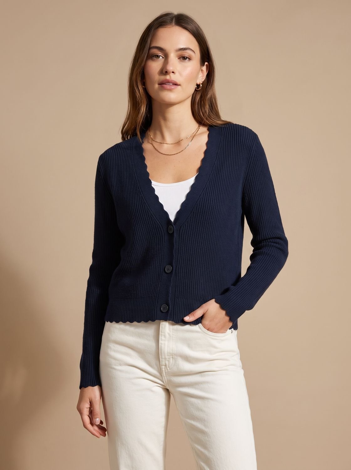 Theodosia | Women's Knit Cardigan with V-Neck and Scalloped Edge