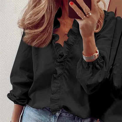 Elara | Women blouse with ruffle detail and V-neck design