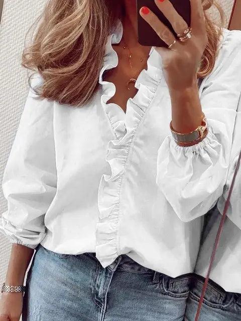 Elara | Women blouse with ruffle detail and V-neck design