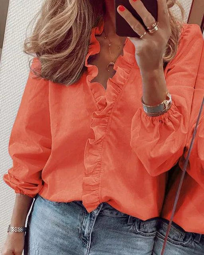Elara | Women blouse with ruffle detail and V-neck design