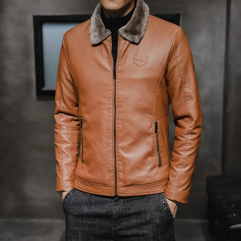 Easton | Windproof Faux Leather Jacket with Fur Trim