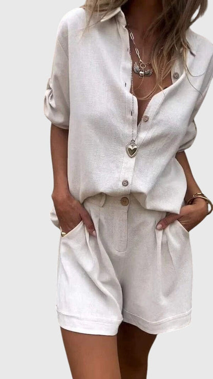 Elvoria | Women Casual Summer Outfit with Short Sleeve Shirt and Matching Shorts Set