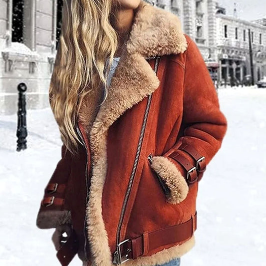 Hannah | Women's Suede Biker Jacket with Faux Shearling and Buckles