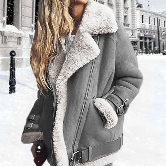 Hannah | Women's Suede Biker Jacket with Faux Shearling and Buckles