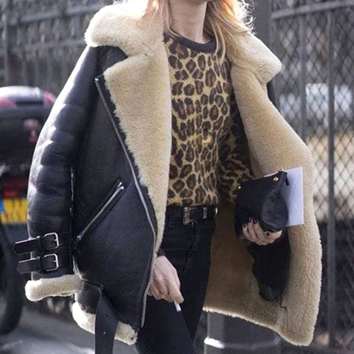 Hannah | Women's Suede Biker Jacket with Faux Shearling and Buckles