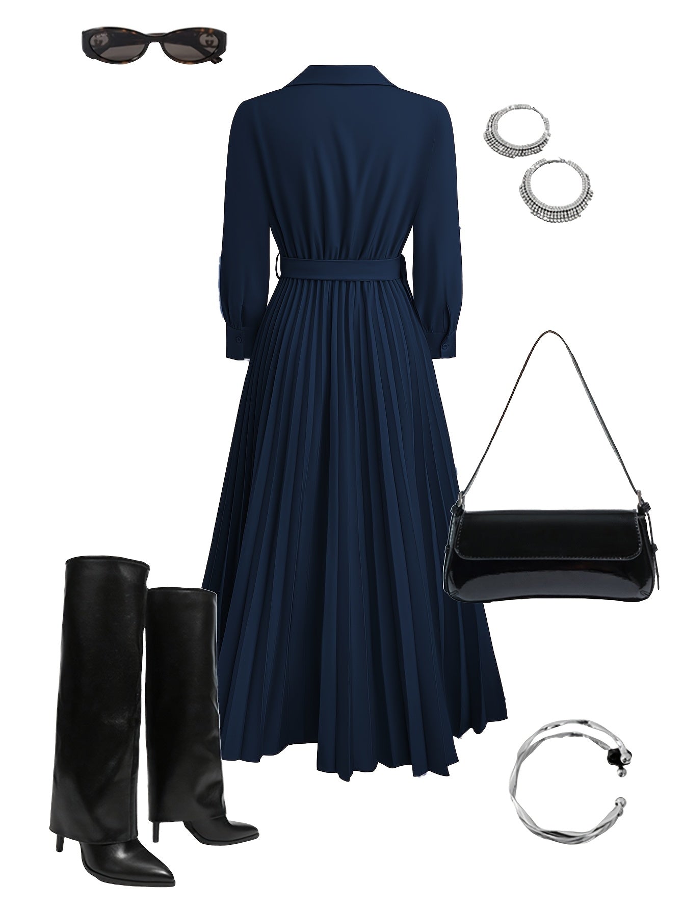 Aurora | Pleated Belted Midi Dress with Long Sleeves