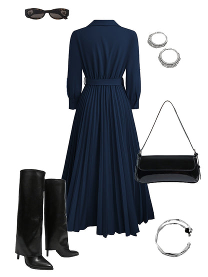 Aurora | Pleated Belted Midi Dress with Long Sleeves