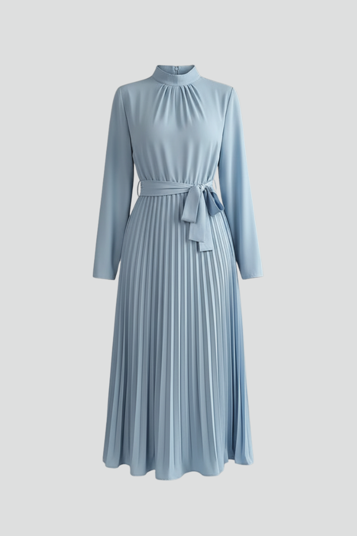 Paula | Women’s Pleated Midi Dress With Mock Neck Long Sleeves