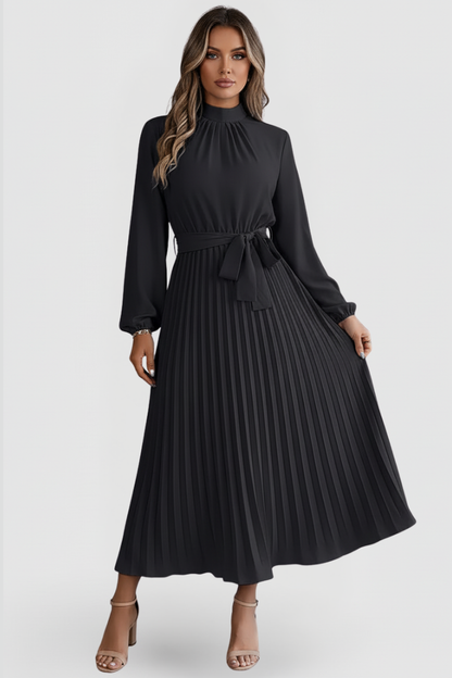Paula | Women’s Pleated Midi Dress With Mock Neck Long Sleeves