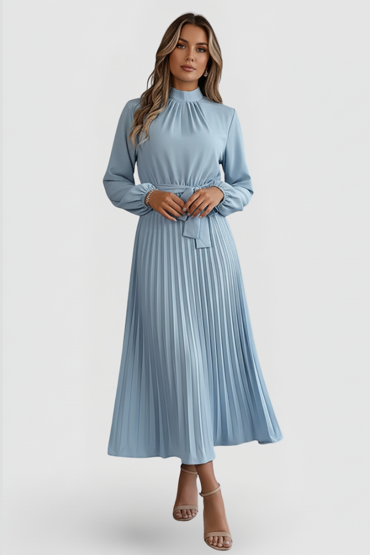 Paula | Women’s Pleated Midi Dress With Mock Neck Long Sleeves