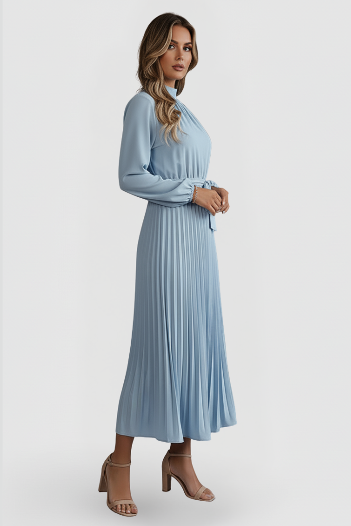 Paula | Women’s Pleated Midi Dress With Mock Neck Long Sleeves