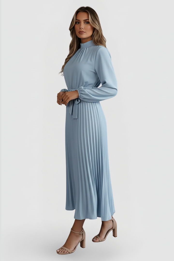 Paula | Women’s Pleated Midi Dress With Mock Neck Long Sleeves