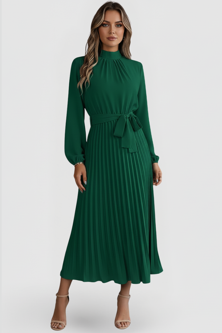 Paula | Women’s Pleated Midi Dress With Mock Neck Long Sleeves
