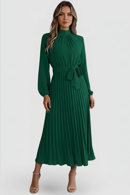 Paula | Women’s Pleated Midi Dress With Mock Neck Long Sleeves