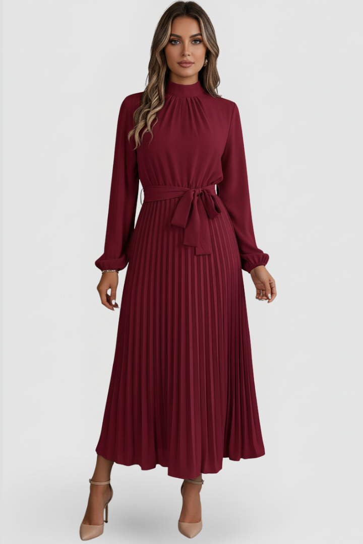Paula | Women’s Pleated Midi Dress With Mock Neck Long Sleeves