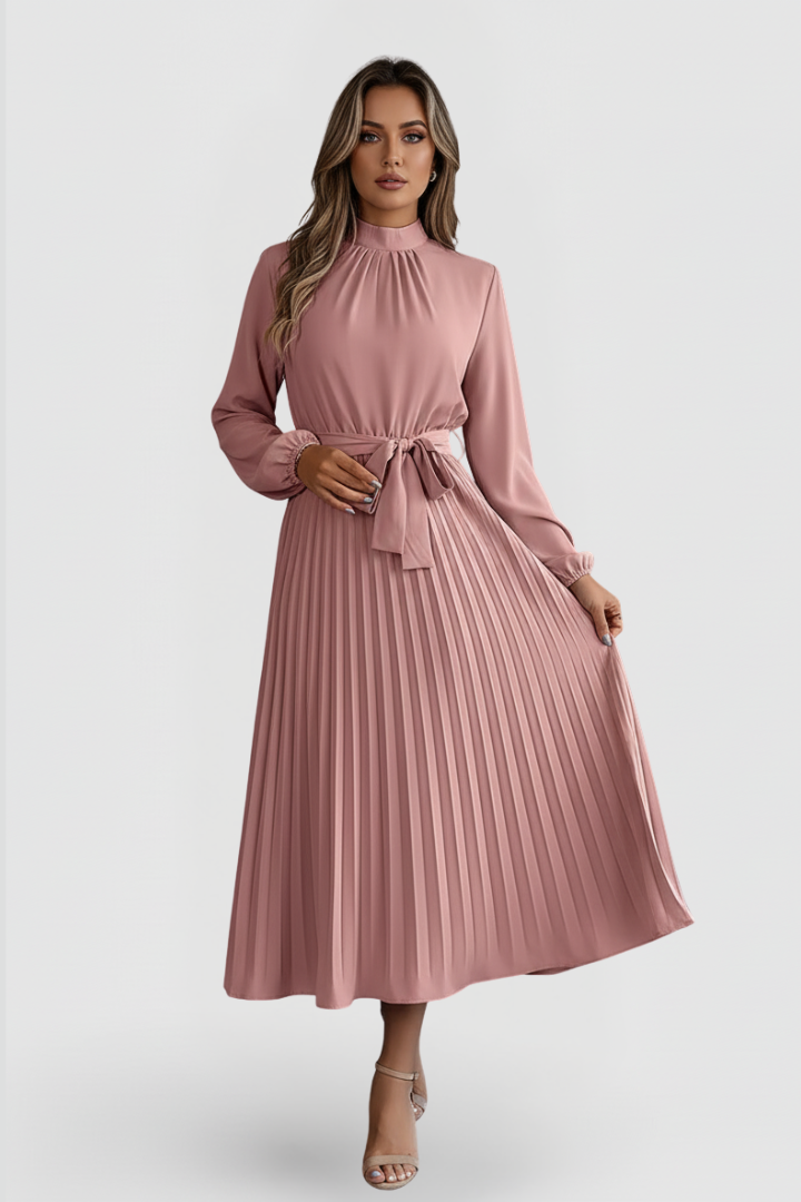 Paula | Women’s Pleated Midi Dress With Mock Neck Long Sleeves