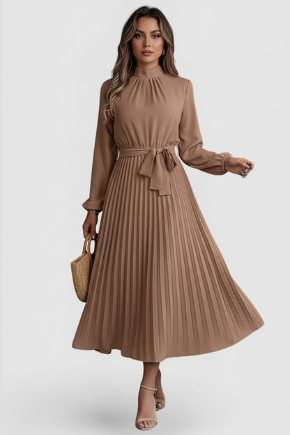 Paula | Women’s Pleated Midi Dress With Mock Neck Long Sleeves